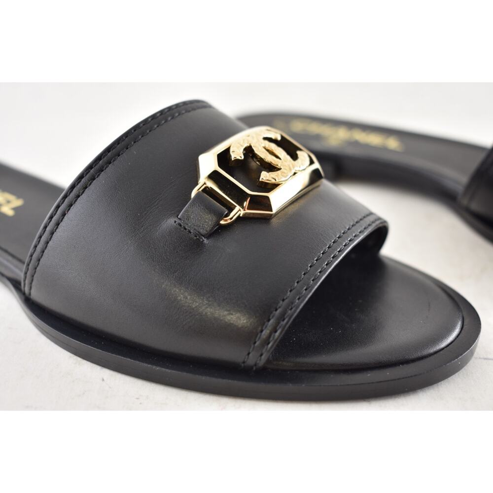 Chanel 23B Black Shiny Calfskin Leather Gold CC Logo Mule Slides Sandals Flat 38 - Picture 5 of 16